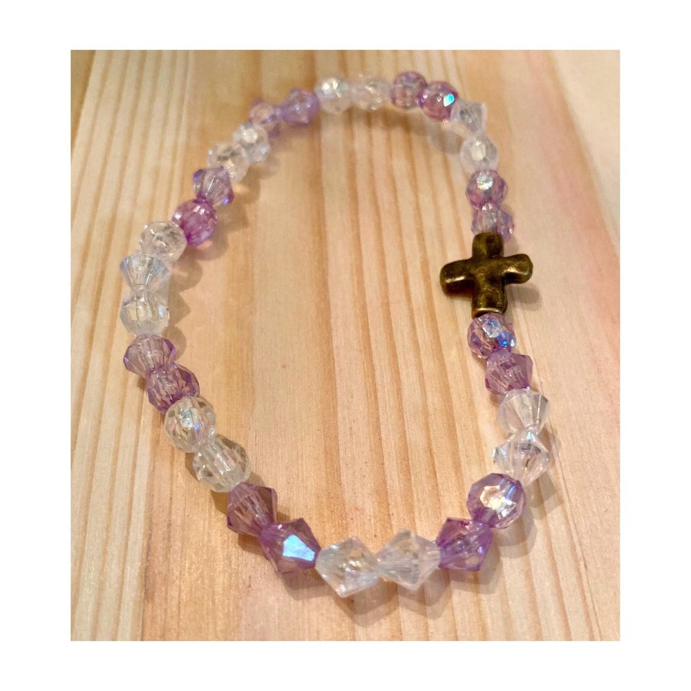 Handmade Purple and Clear Bead Bracelet With Metallic Metal Cross
